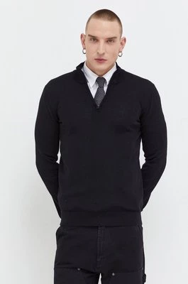 HUGO sweter wełniany męski kolor czarny lekki z półgolfem