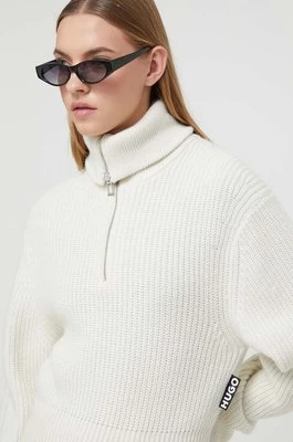 HUGO sweter z domieszką wełny damski kolor beżowy ciepły z golfem