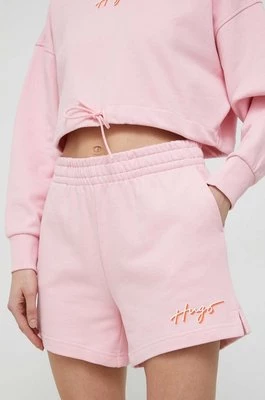 HUGO szorty bawełniane kolor różowy z nadrukiem high waist