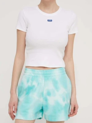 HUGO szorty bawełniane kolor turkusowy wzorzyste high waist 50514111