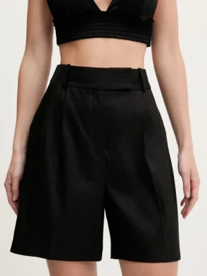 HUGO szorty lniane damskie kolor czarny gładkie high waist 50537634