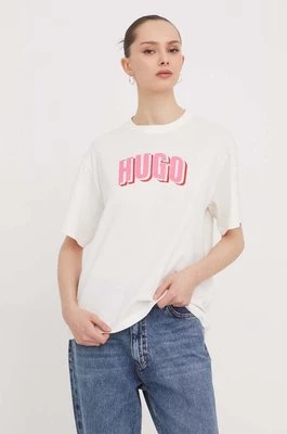 HUGO t-shirt bawełniany damski kolor beżowy