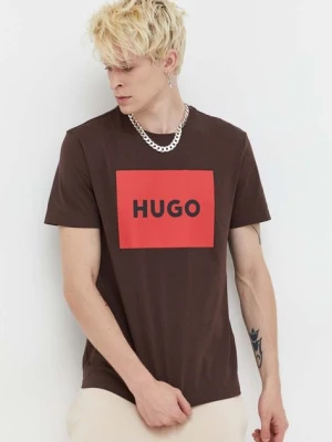 HUGO t-shirt bawełniany kolor brązowy z nadrukiem 50467952