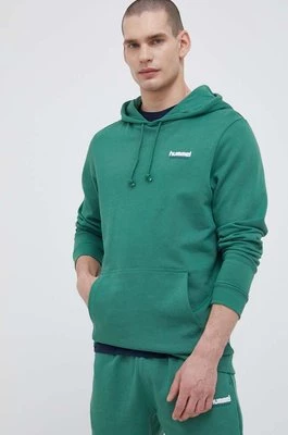 Hummel bluza bawełniana męska kolor zielony z kapturem z nadrukiem