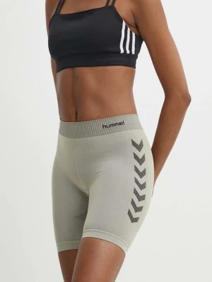 Zdjęcie produktu Hummel szorty treningowe First Seamless kolor beżowy z nadrukiem high waist 212556