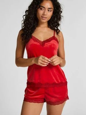 Hunkemöller Błyszczące welurowe szorty z koronką Czerwony