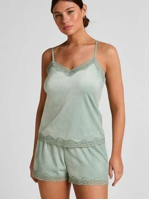 Hunkemöller Błyszczące welurowe szorty z koronką Zielony