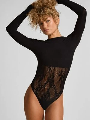 Hunkemöller Body z długim rękawem w kwiaty Czarny