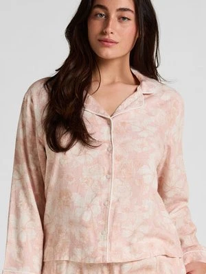 Hunkemöller Lniana Kurtka Piżamowa w Kwiaty Różowy