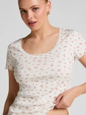 Hunkemöller Prążkowany koronkowy top z krótkim rękawem Biały