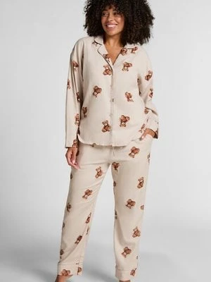 Hunkemöller Proste spodnie flanelowe ze wzorem misia Beżowy