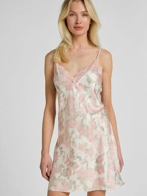 Hunkemöller Satynowa Koszulka Nocna w Kwiatowy Wzór Biały