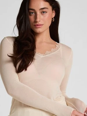 Hunkemöller Super miękka koszulka z koronką i dekoltem w serek z dodatkiem kaszmiru Beżowy