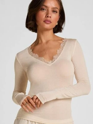 Hunkemöller Super miękka koszulka z koronką i dekoltem w serek z dodatkiem kaszmiru Beżowy