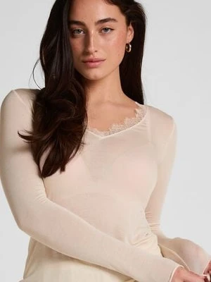 Hunkemöller Super miękka koszulka z koronką i dekoltem w serek z dodatkiem kaszmiru Biały