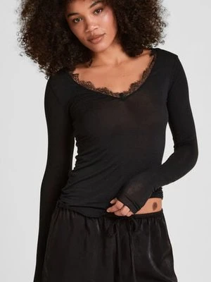 Hunkemöller Super miękka koszulka z koronką i dekoltem w serek z dodatkiem kaszmiru Czarny