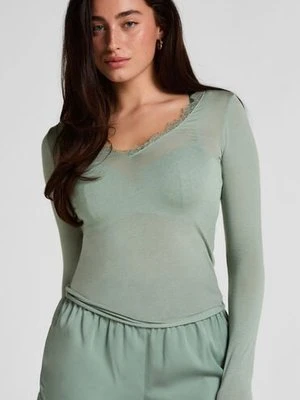 Hunkemöller Super miękka koszulka z koronką i dekoltem w serek z dodatkiem kaszmiru Zielony