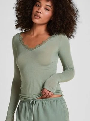 Hunkemöller Super miękka koszulka z koronką i dekoltem w serek z dodatkiem kaszmiru Zielony