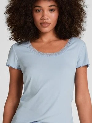 Hunkemöller Top Piżamowy Jersey Rib z Koronką Niebieski