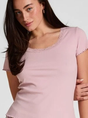 Hunkemöller Top Piżamowy Jersey Rib z Koronką Różowy
