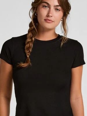 Hunkemöller Top piżamowy z prążkowanej tkaniny z krótkimi rękawami i okrągłym dekoltem Czarny