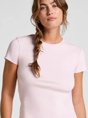 Hunkemöller Top piżamowy z prążkowanej tkaniny z krótkimi rękawami i okrągłym dekoltem Różowy