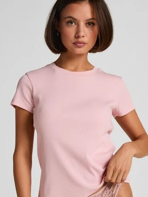 Hunkemöller Top piżamowy z prążkowanej tkaniny z krótkimi rękawami i okrągłym dekoltem Różowy
