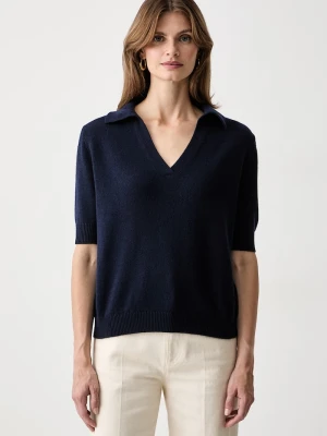 iBlues sweter z krótkim rękawem damski z dodatkiem wełny IBLUGOLA granatowy