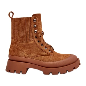 Ideal Shoes Botki Ocieplane Trapery Damskie Sznurowane Camel brązowe