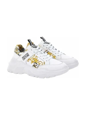 Ikoniczny Wzór Białe Złote Sneakersy Versace
