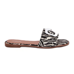 Inna Płaskie Klapki Damskie Z Ozdobną Klamrą Zebra białe