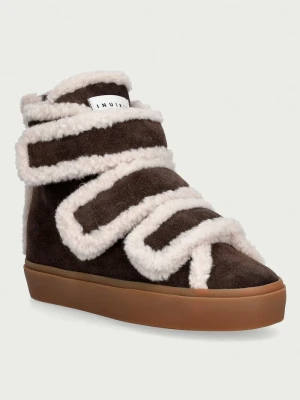 Inuikii botki damskie zamszowe Shearling Velcro Wedge brązowy