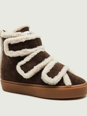 INUIKII Ocieplane botki na koturnie Velcro Wedge | zamsz | shearling | z dodatkiem wełny brązowy