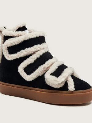 INUIKII Ocieplane botki na koturnie Velcro Wedge | zamsz | shearling | z dodatkiem wełny czarny