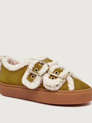 INUIKII Ocieplane sneakersy Low Velcro Buckle | zamsz | shearling khaki