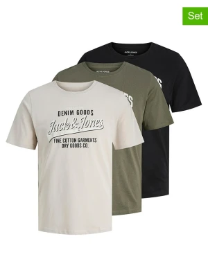 Jack & Jones Koszulki (3 szt.) "Jjethan" w kolorze oliwkowo-czarno-kremowym rozmiar: XL