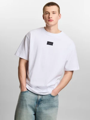 Jacquard Label t-shirt oversize męski bawełniany biały Klasyk