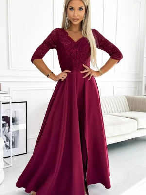 Jacqueline elegancka długa suknia maxi z koronkowym dekoltem - BORDOWA Merg