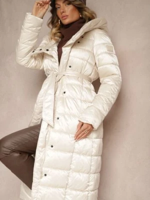 Jasnobeżowa Asymetryczna Kurtka z Pikowanym Przeszyciem Kapturem i Wiązanym Paskiem Tilisia metrofive