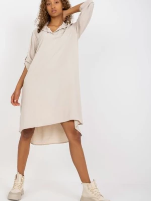 Jasnobeżowa asymetryczna sukienka damska koszulowa z długim rękawem Italy Moda
