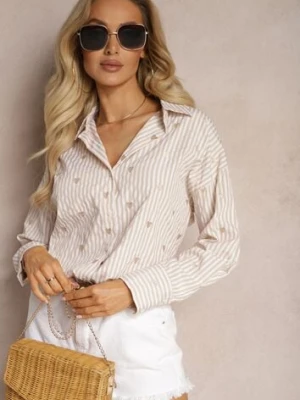 Jasnobeżowa Bawełniana Koszula Ozdobiona Wzorem w Cienkie Paski i Serduszka Vatille melya by melody