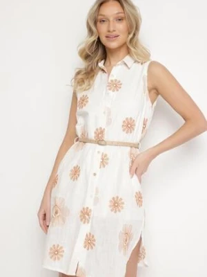 Jasnobeżowa Bawełniana Sukienka Koszulowa w Haftowane Kwiaty z Paskiem z Klamrą Turivana rosa