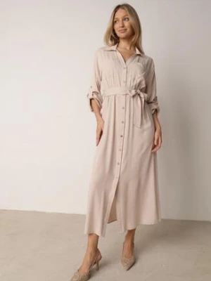 Zdjęcie produktu Jasnobeżowa Bawełniana Sukienka Koszulowa w Stylu Safari z Wiązanym Paskiem Atusea m&d fashion