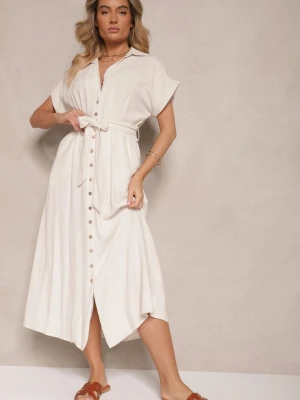 Jasnobeżowa Bawełniana Sukienka Koszulowa z Wiązanym Paskiem i Krótkim Rękawem Elannoria M&d Fashion Beżowy