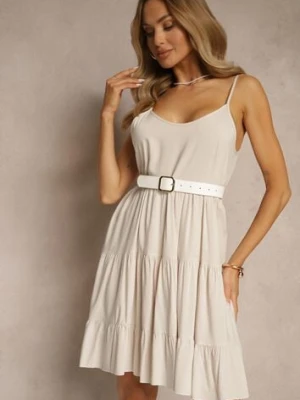 Jasnobeżowa Bawełniana Sukienka na Ramiączkach Ozdobiona Falbanami Lilitte defox