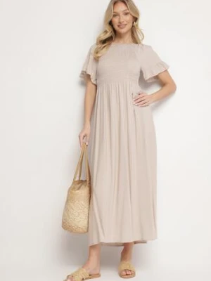 Jasnobeżowa Bawełniana Sukienka o Kroju Hiszpanki z Elastyczną Górą Niloviria defox