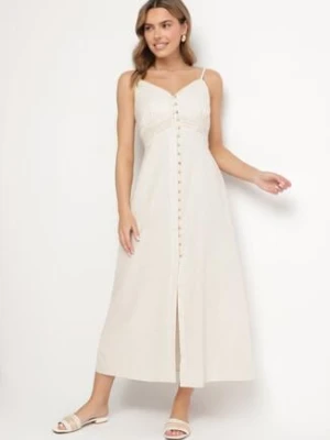 Jasnobeżowa Bawełniana Sukienka o Rozkloszowanym Kroju na Ramiączkach z Guzikami Firbia rosa