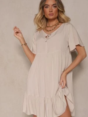 Jasnobeżowa Bawełniana Sukienka Rozkloszowana z Wiązaniem przy Dekolcie Mepova defox
