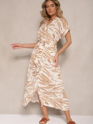 Jasnobeżowa Bawełniana Sukienka w Zebrę o Koszulowym Kroju z Wiązanym Paskiem Florloti m&d fashion