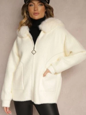 Jasnobeżowa Bluza z Wełną z Kapturem i Kieszeniami Ozdobiona Futerkiem Siliti wei wei